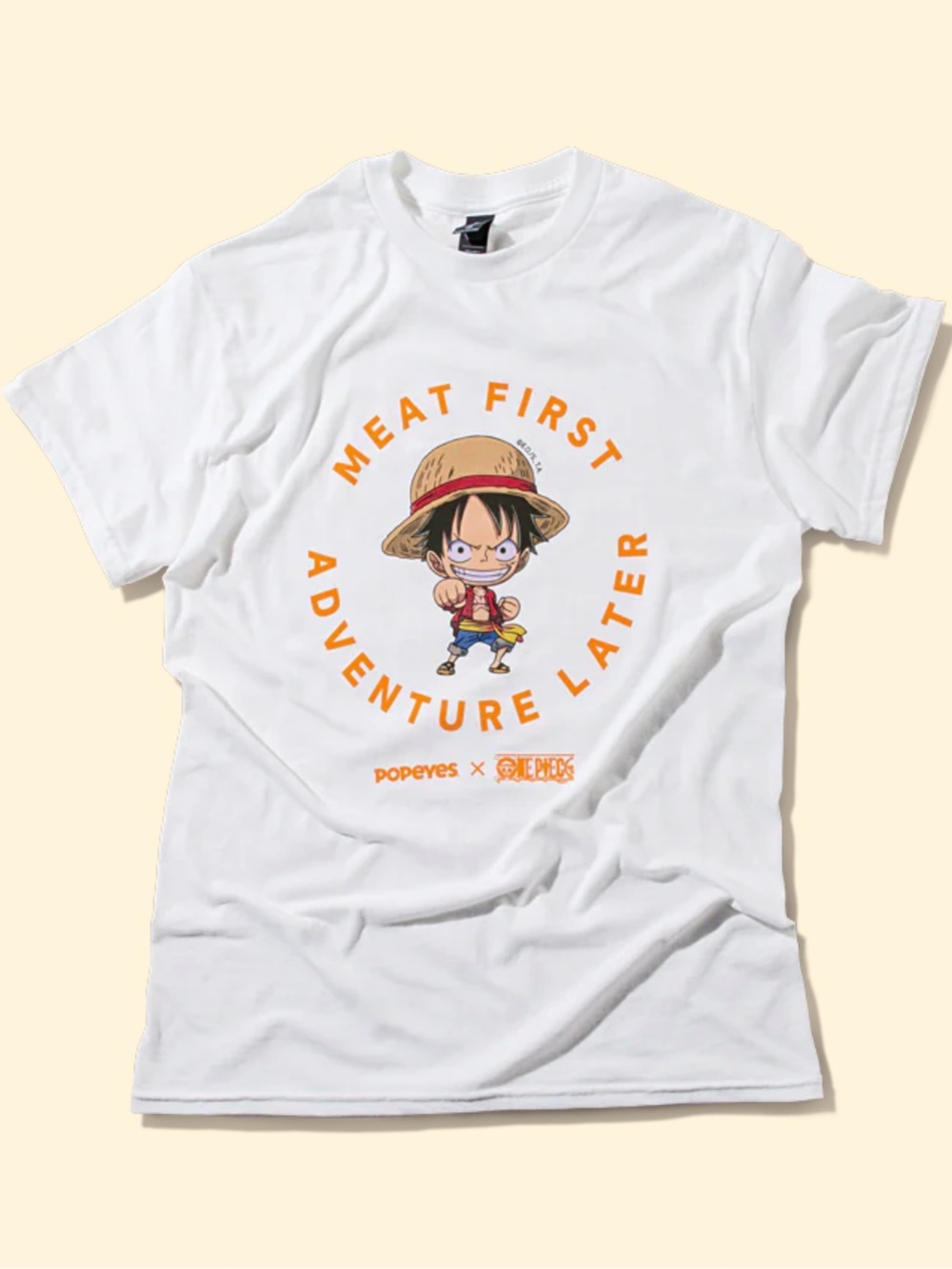 Popeyes x One Piece White Graphic Tee - Luffy 'Meat First' sSze Large AUTHENTIC